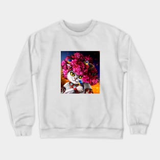 Cute white cat in the pink wreath Crewneck Sweatshirt